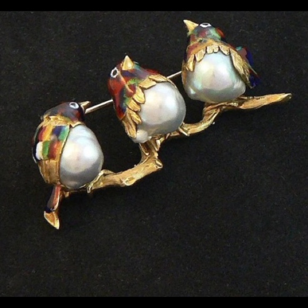 Solid 18kt gold, genuine pearl & enamel, brooch - Picture 8 of 10